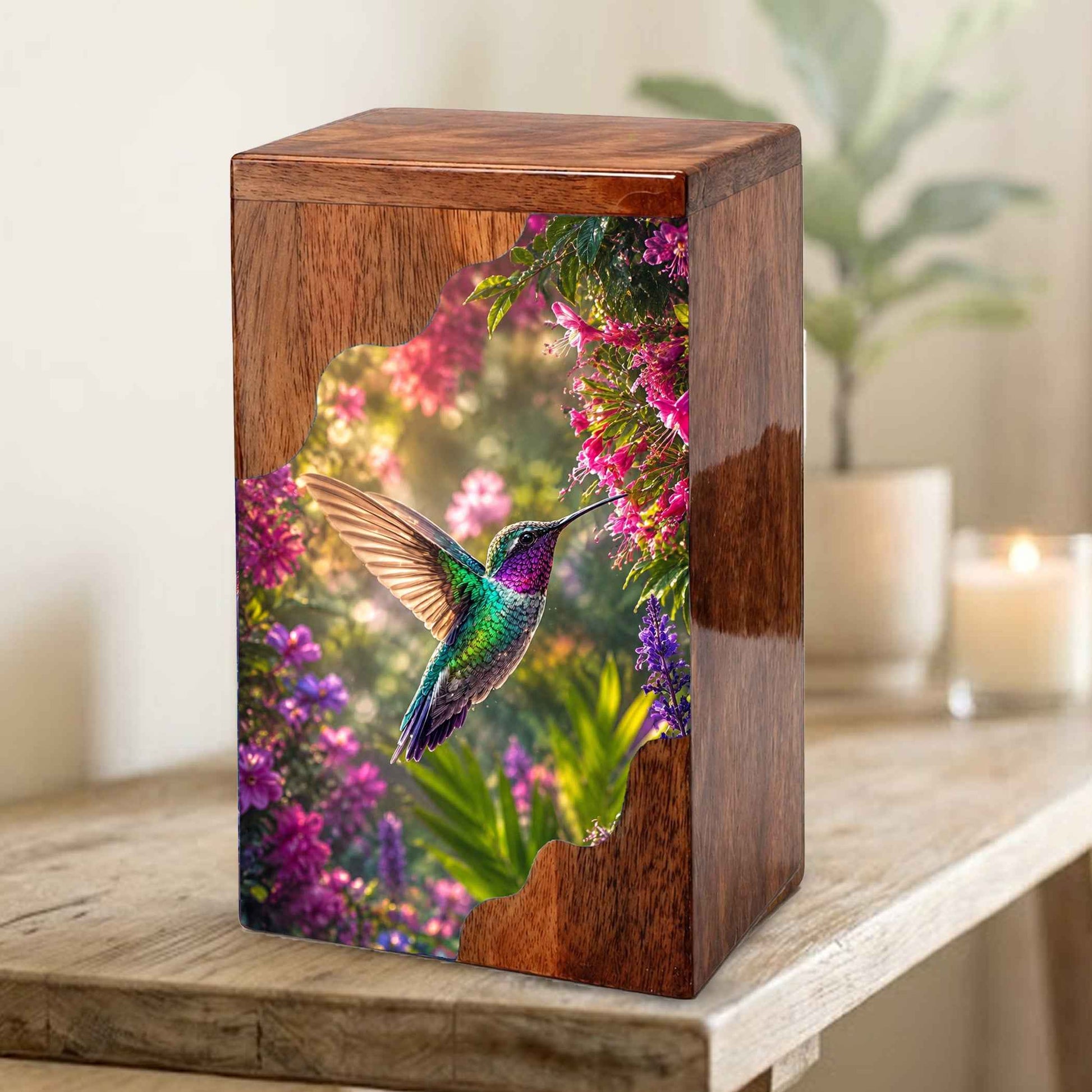 Hummingbird Wooden Cremation Urn for Mom | Handcrafted Floral Memorial Urn for Human Ashes