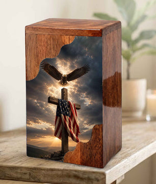 Christian Cross Wooden Cremation Urn for Human Ashes | Patriotic Religious Memorial Urn