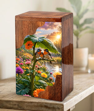 Family Birds Wooden Cremation Urn – Personalized Memorial Urn for Human Ashes