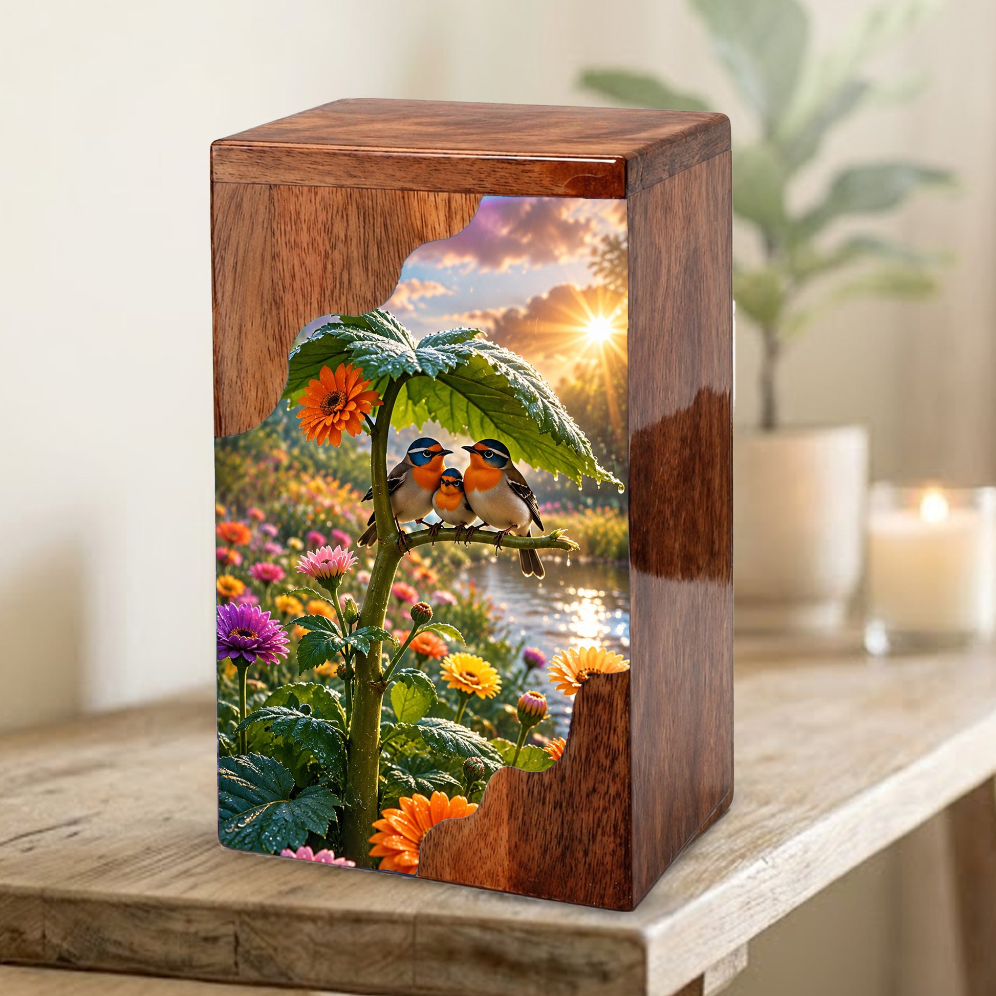 Family Birds Wooden Cremation Urn – Personalized Memorial Urn for Human Ashes