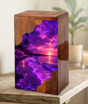 Beach Wooden Cremation Urn – Ocean Sunset Memorial Urn for Human Ashes