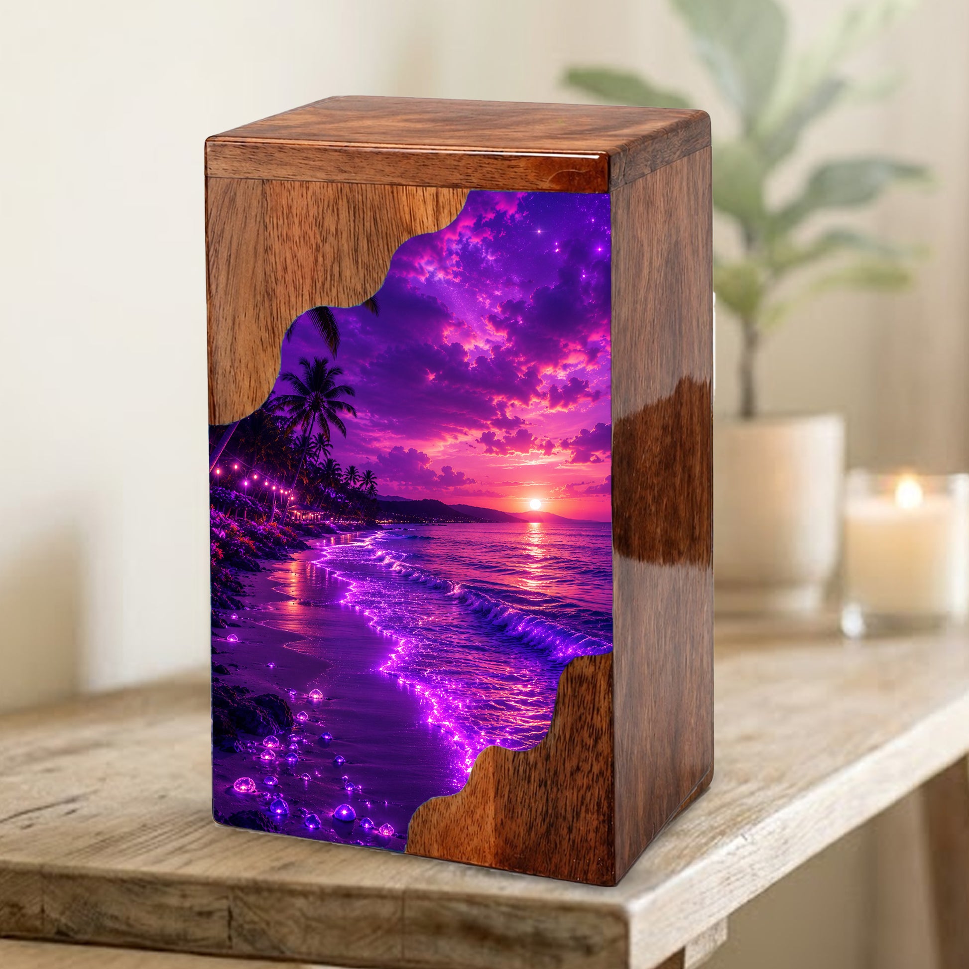 Beach Wooden Cremation Urn – Ocean Sunset Memorial Urn for Human Ashes