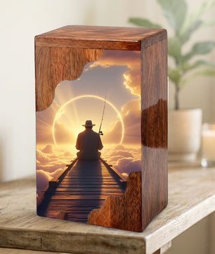 Fishing in Heaven Personalized Wooden Cremation Urn for Dad – Custom Memorial Urn with Sunset Fishing