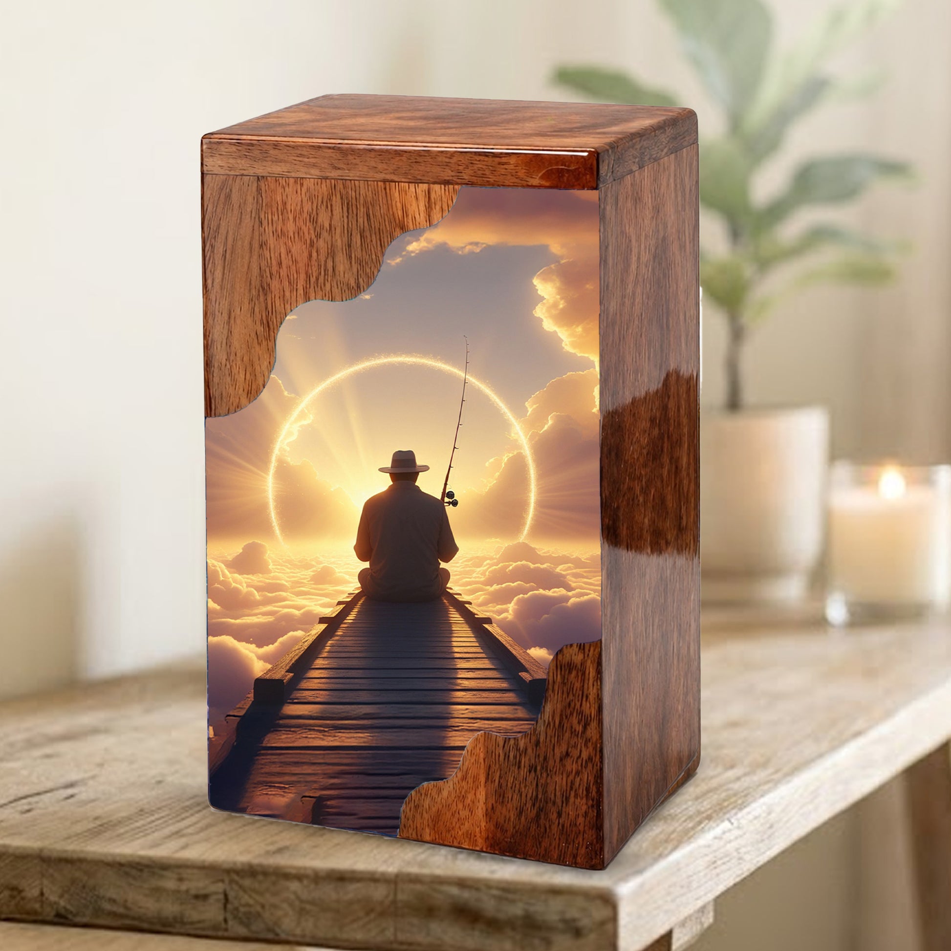 Fishing in Heaven Personalized Wooden Cremation Urn for Dad – Custom Memorial Urn with Sunset Fishing