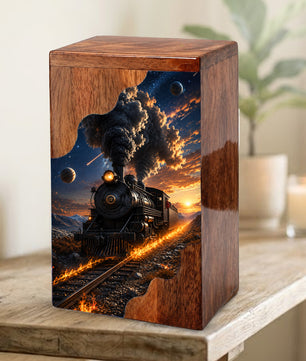 Steam Train Wooden Cremation Urn for Human Ashes | Personalized Railroad Memorial Urn
