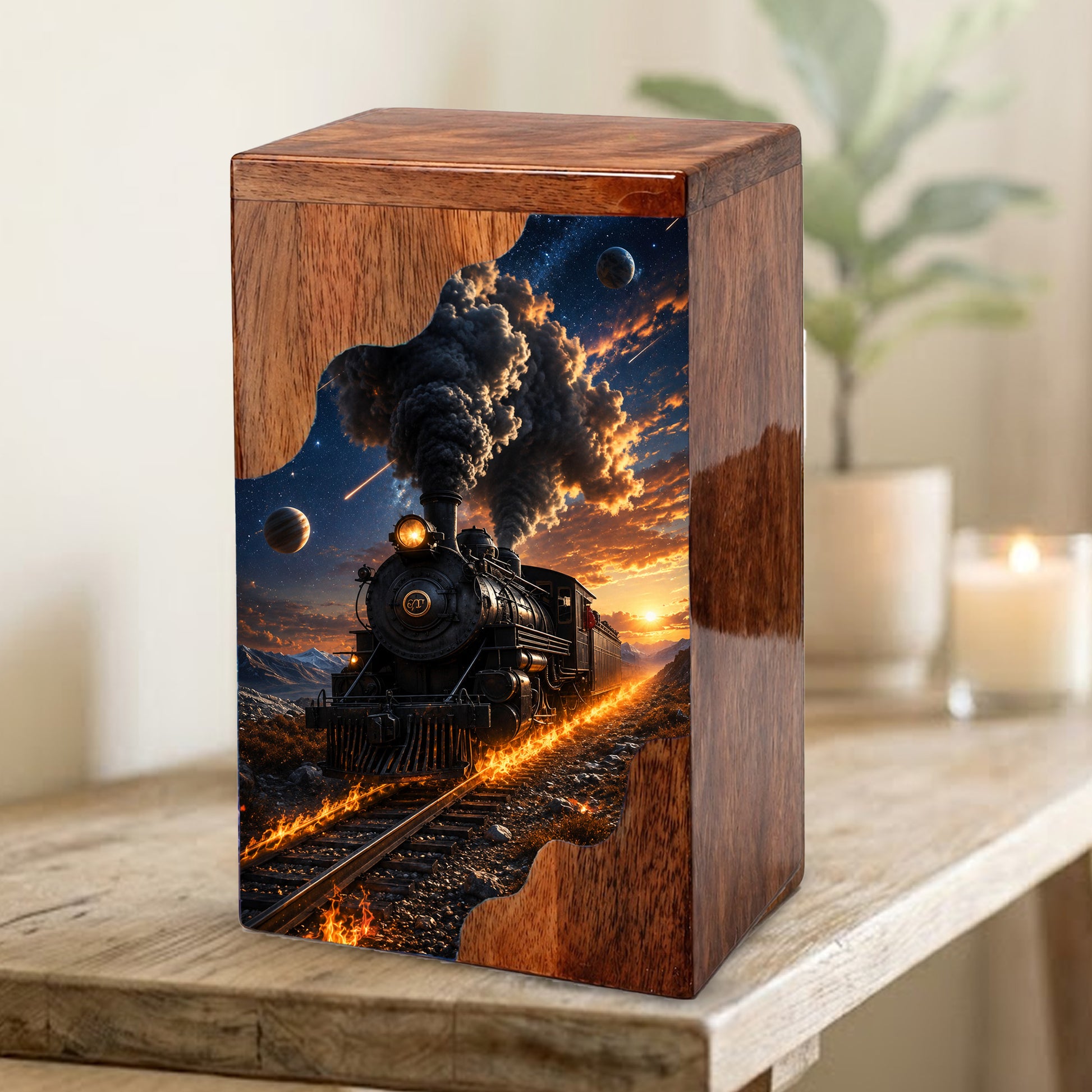 Steam Train Wooden Cremation Urn for Human Ashes | Personalized Railroad Memorial Urn