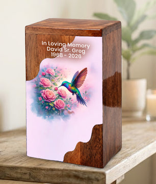 Hummingbird Wooden Cremation Urn – Floral Memorial Urn with Hummingbird Design