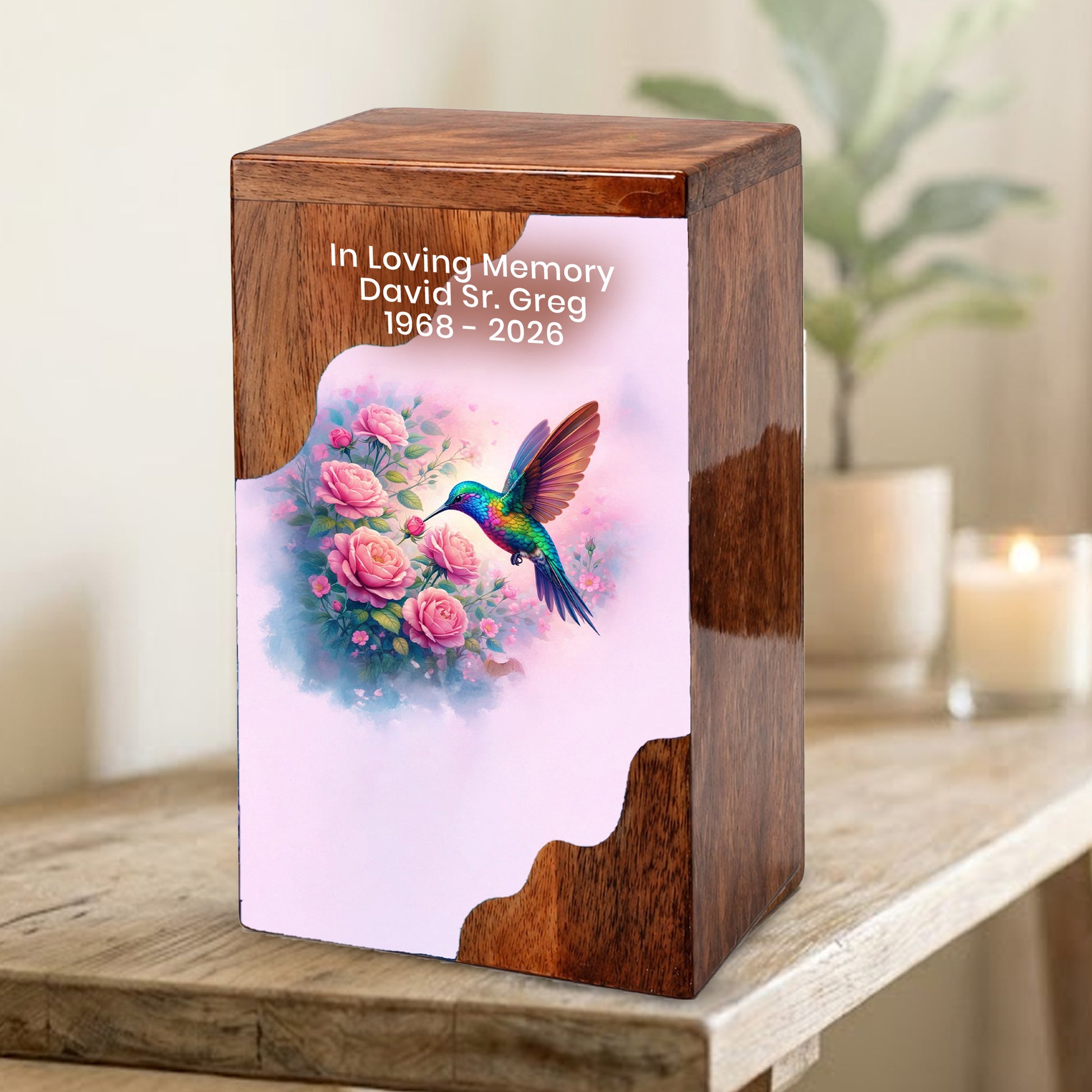 Hummingbird Wooden Cremation Urn – Floral Memorial Urn with Hummingbird Design