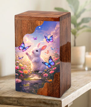 Wooden Cremation Urn – Rabbit Memorial Urn | Butterfly Garden Wooden Urn for Human Ashes