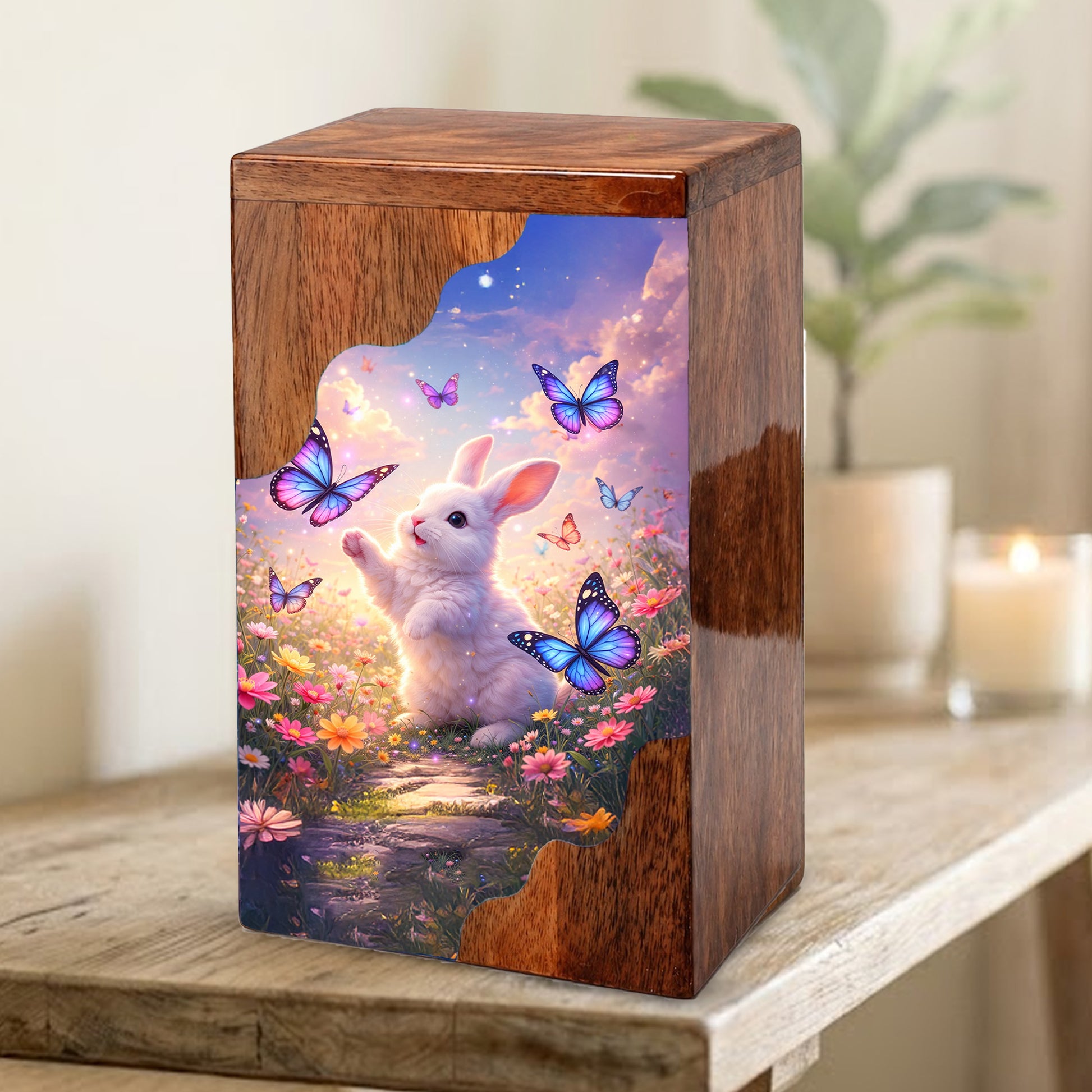 Wooden Cremation Urn – Rabbit Memorial Urn | Butterfly Garden Wooden Urn for Human Ashes