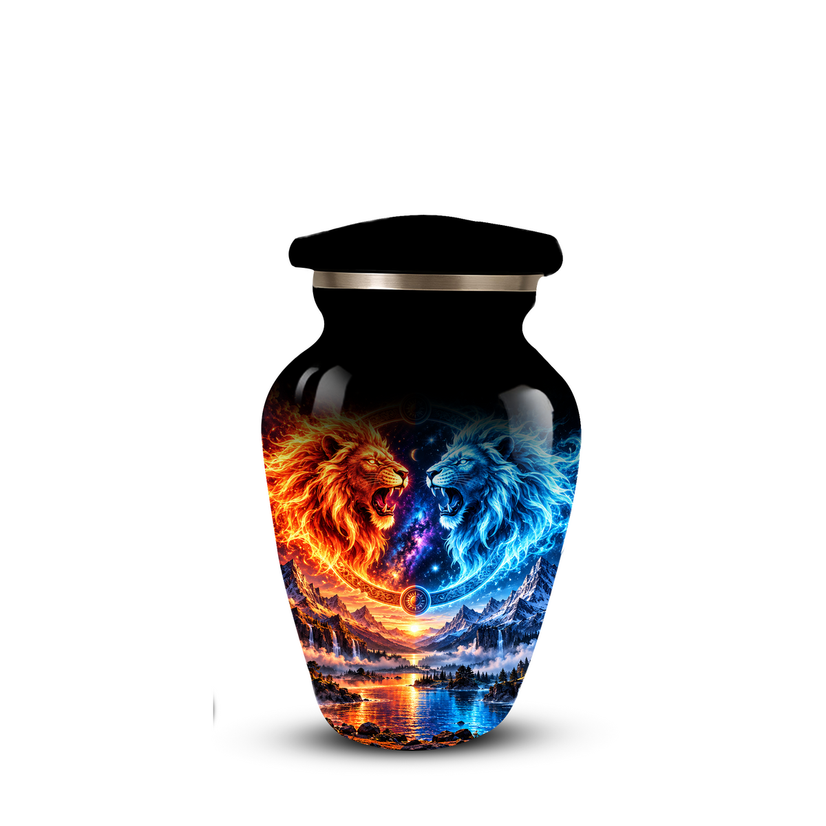 Personalized Adult Cremation Urn for Ashes, Fire and Ice Twin Lion Memorial Urn