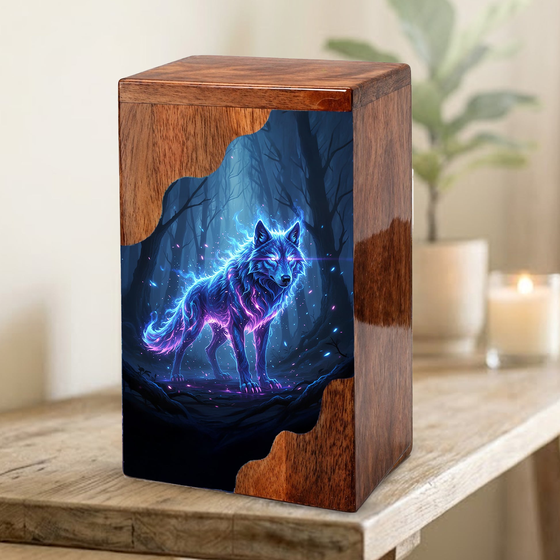 Wooden Cremation Urn – Spirit Wolf Memorial Urn | Custom Wooden Memorial Urn for Dad