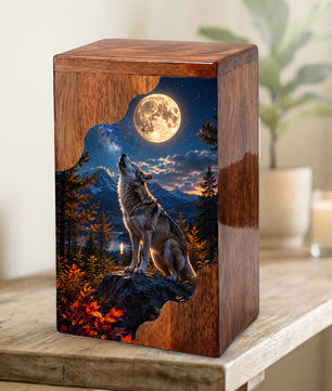 Wolf Wooden Cremation Urn – Personalized Memorial Urn for Human Ashes | Moonlit Wolf Wooden Urn