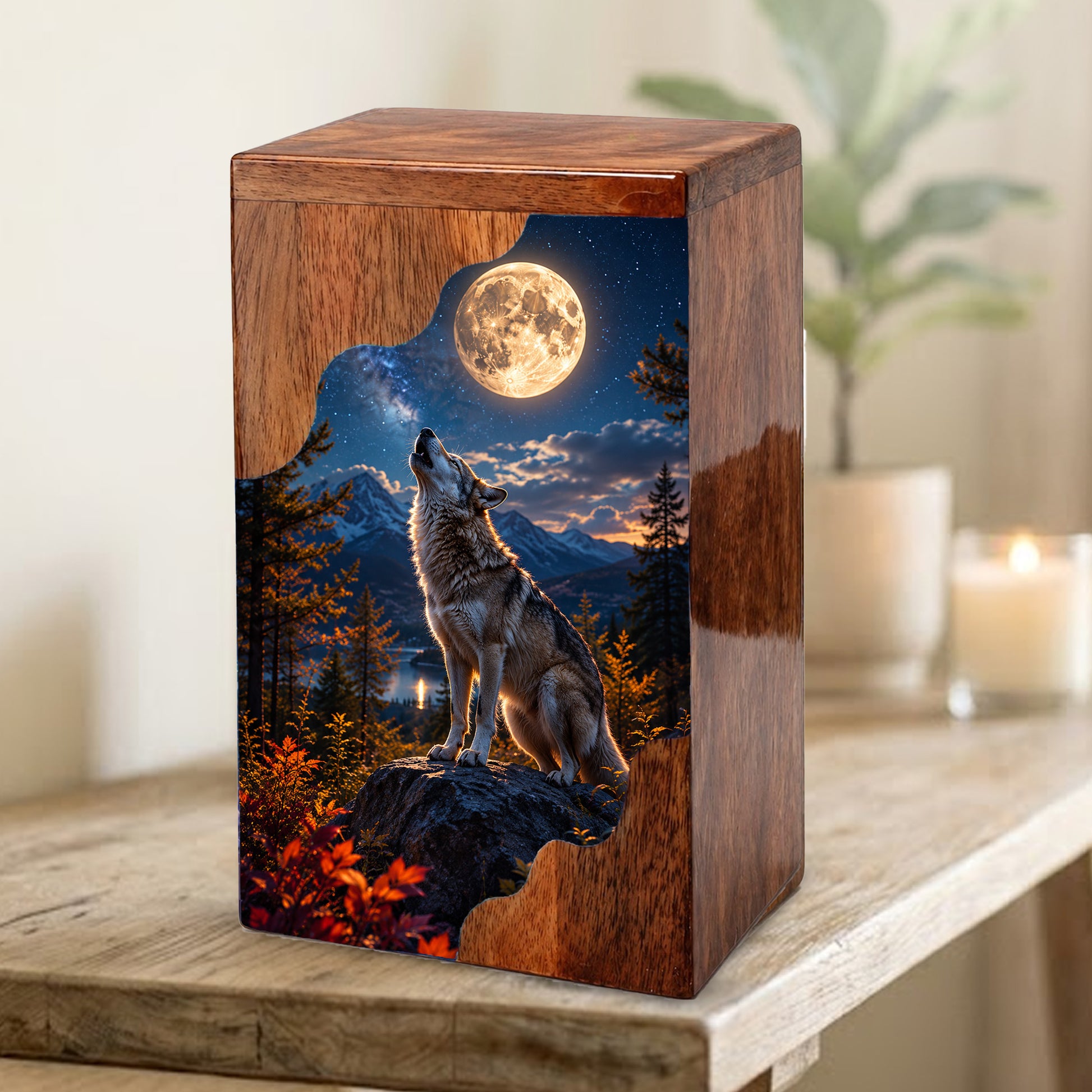 Wolf Wooden Cremation Urn – Personalized Memorial Urn for Human Ashes | Moonlit Wolf Wooden Urn