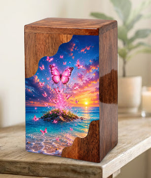 Pink Butterfly Ocean Wooden Cremation Urn – Sunset Memorial Urn for Mom