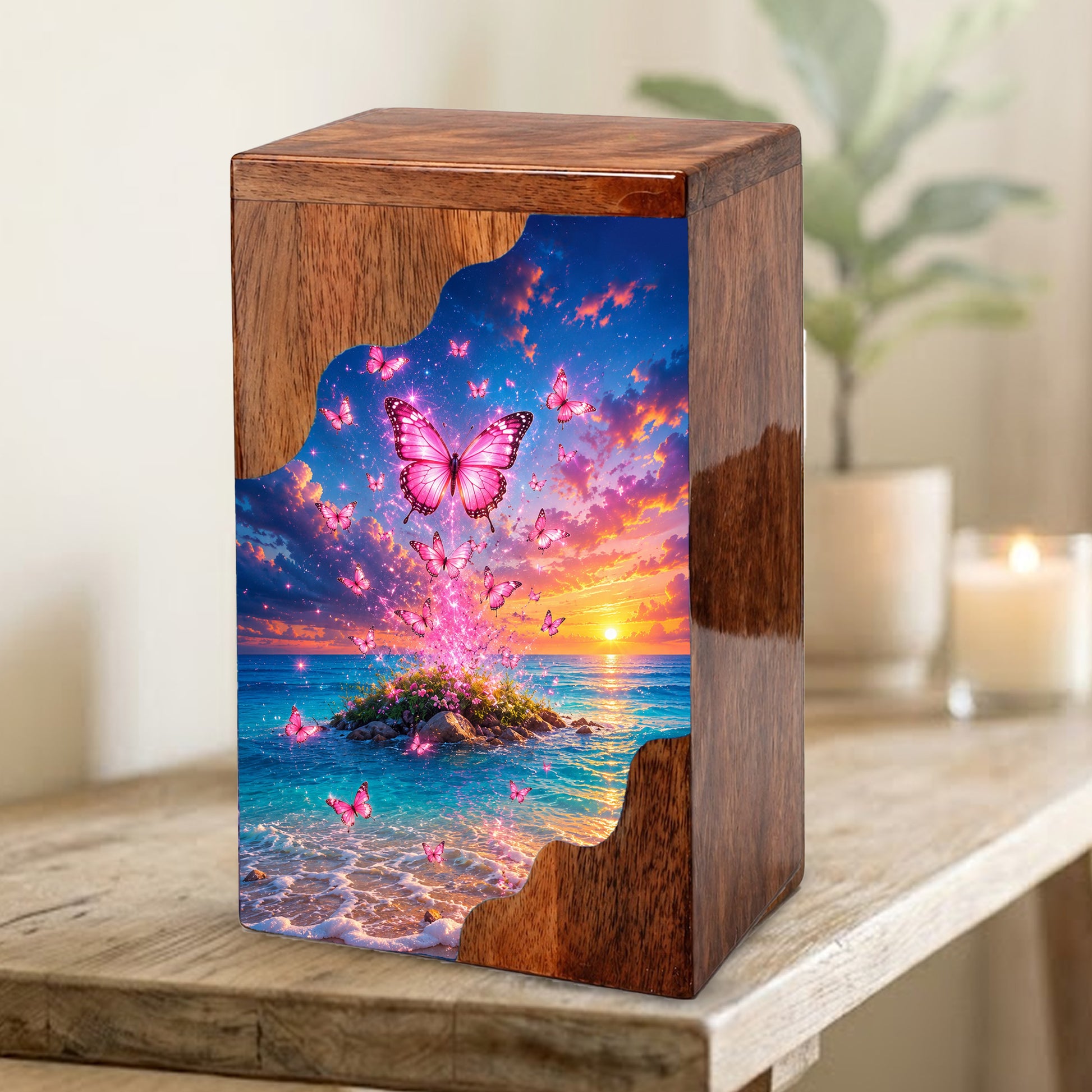 Pink Butterfly Ocean Wooden Cremation Urn – Sunset Memorial Urn for Mom