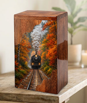 Personalized Wooden Cremation Urn for Mom & Dad, Steam Train Memorial Urn