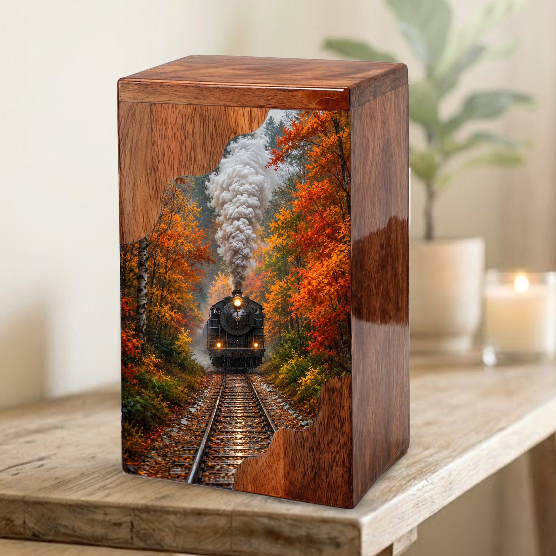 Personalized Wooden Cremation Urn for Mom & Dad, Steam Train Memorial Urn