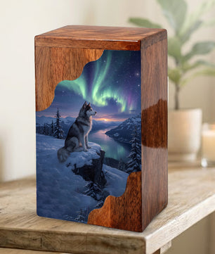 Wolf Wooden Cremation Urn – Northern Lights Memorial Urn | Custom Wooden Urn for Human Ashes
