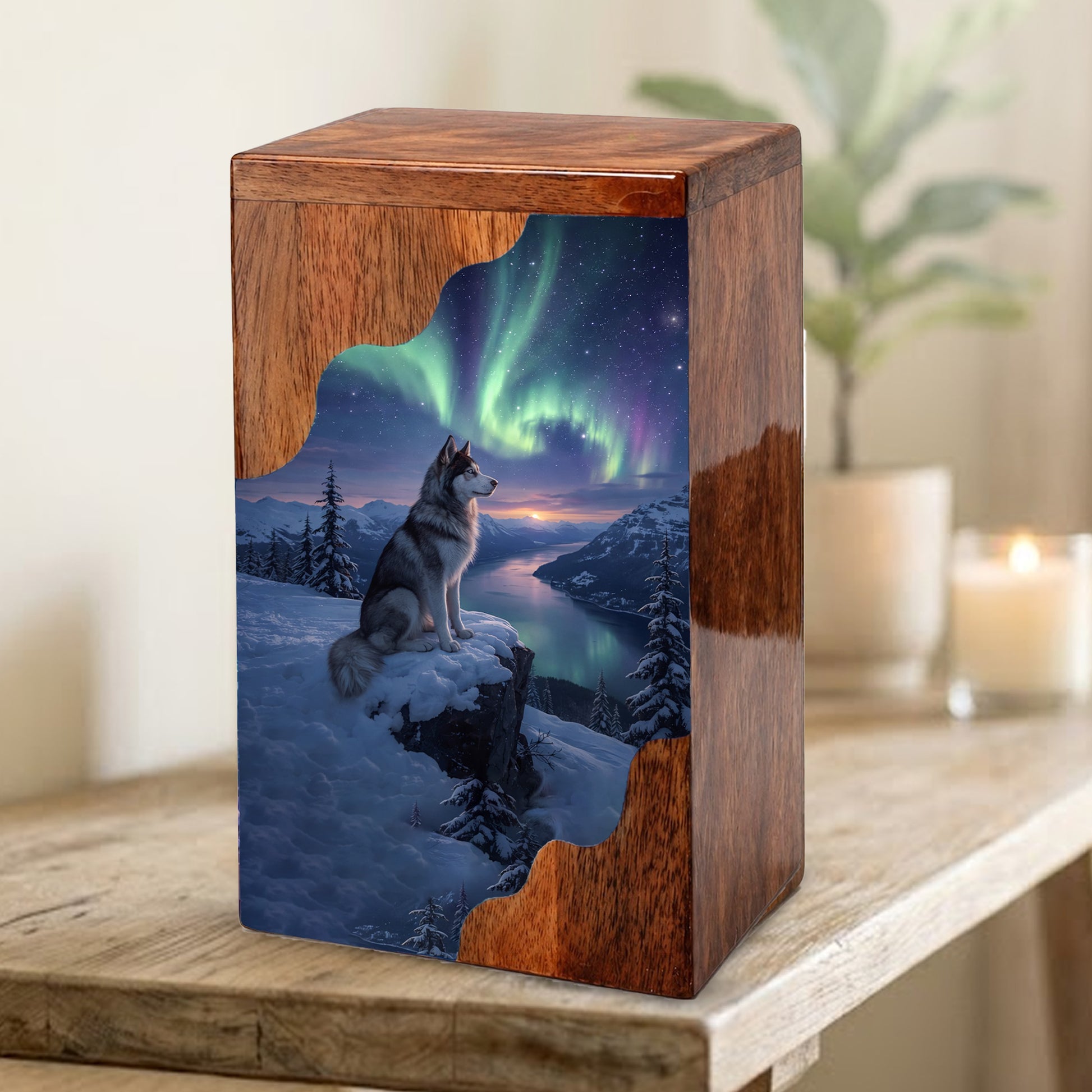 Wolf Wooden Cremation Urn – Northern Lights Memorial Urn | Custom Wooden Urn for Human Ashes