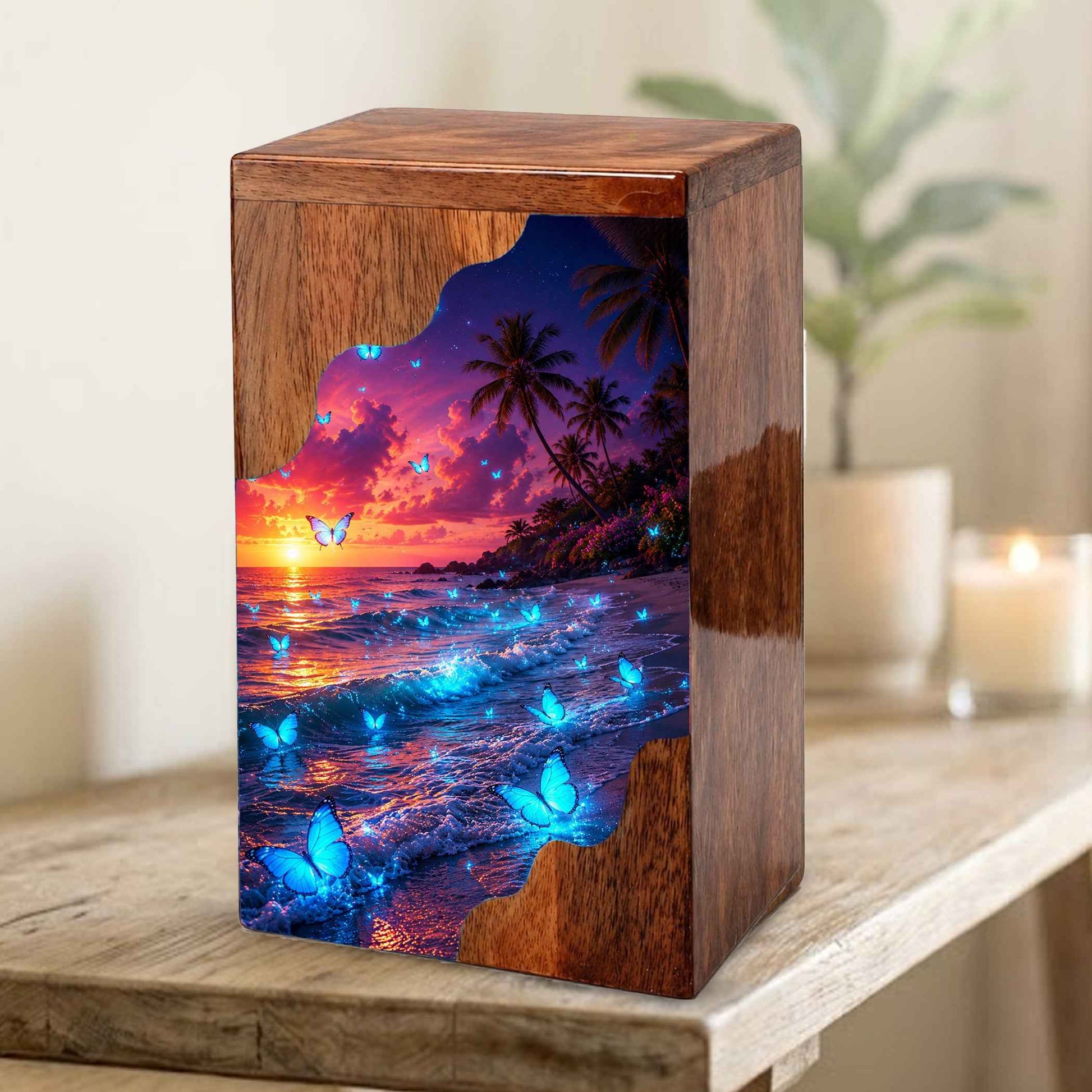 Butterfly Wooden Cremation Urn | Wooden Urn for Human Ashes | Ocean Butterfly Urn