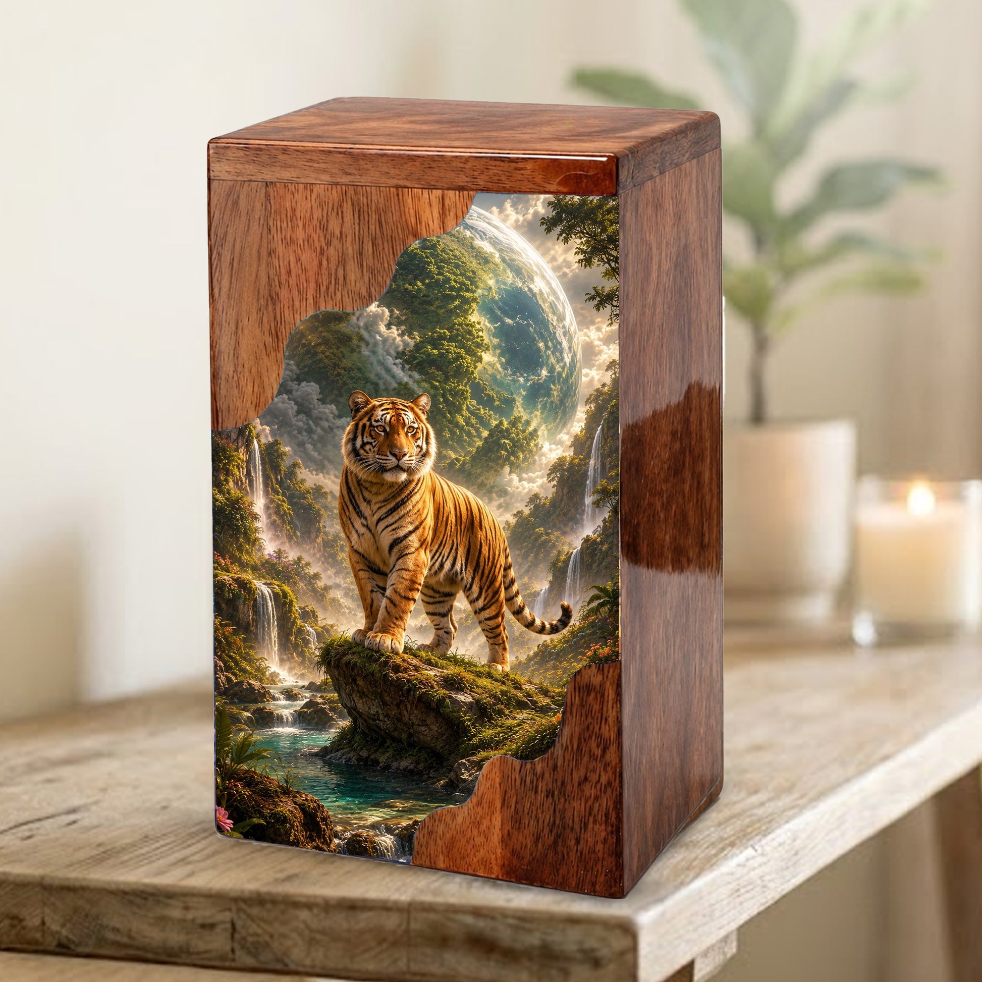 Personalised Urns for Dad, Wooden Cremation Urn for Human Ashes, Tiger Memorial Urn