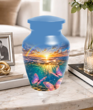 Pink Butterfly Cremation Urn for Women - Rainbow Sunset Memorial Urns for Ashes