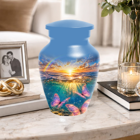Pink Butterfly Cremation Urn for Women - Rainbow Sunset Memorial Urns for Ashes