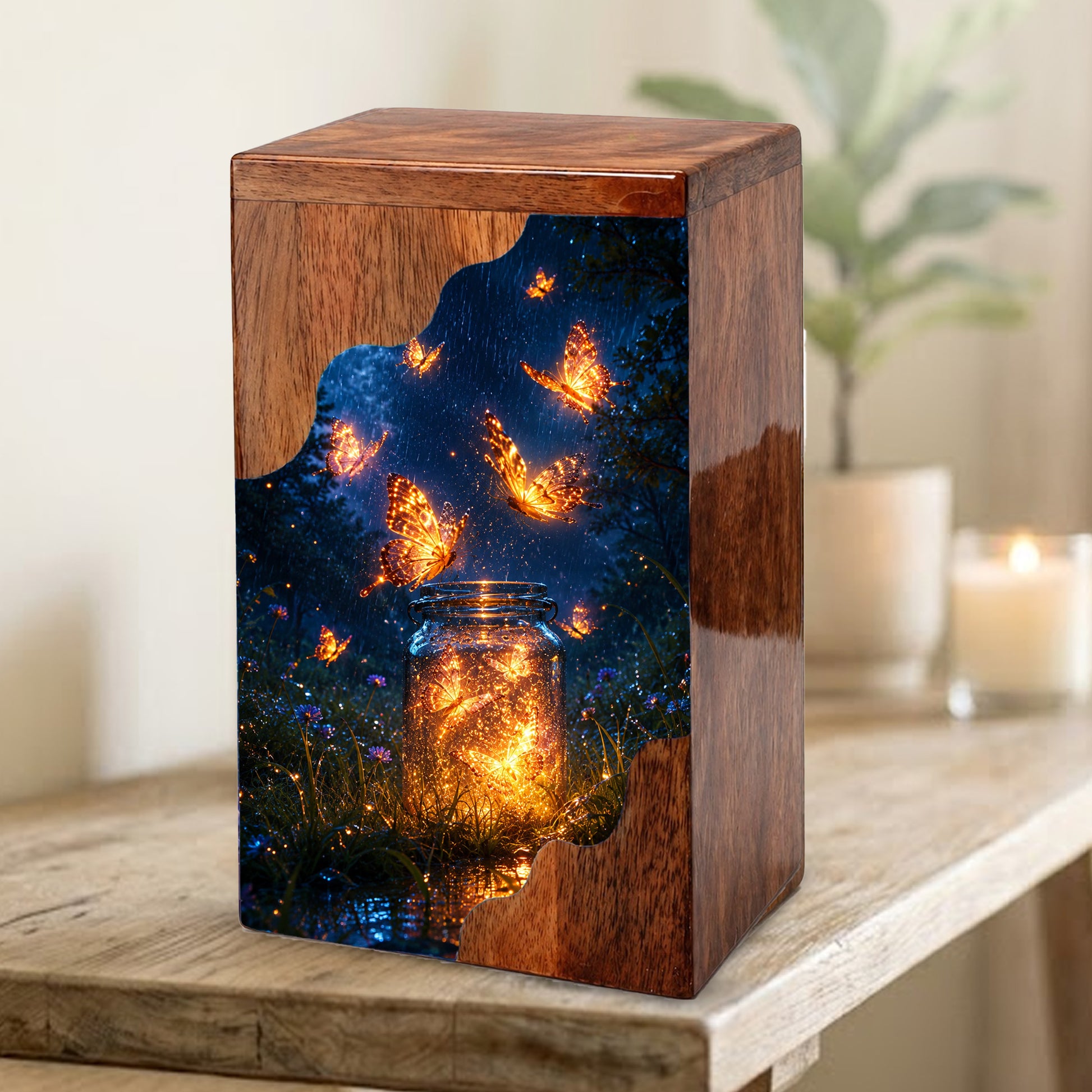 Butterfly Wooden Cremation Urn – Glowing Butterfly Memory Jar Memorial Urn for Human Ashes
