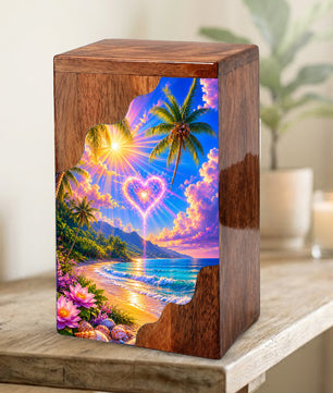Tropical Beach Wooden Cremation Urn – Heart Sky Memorial Urn with Ocean Sunset Design