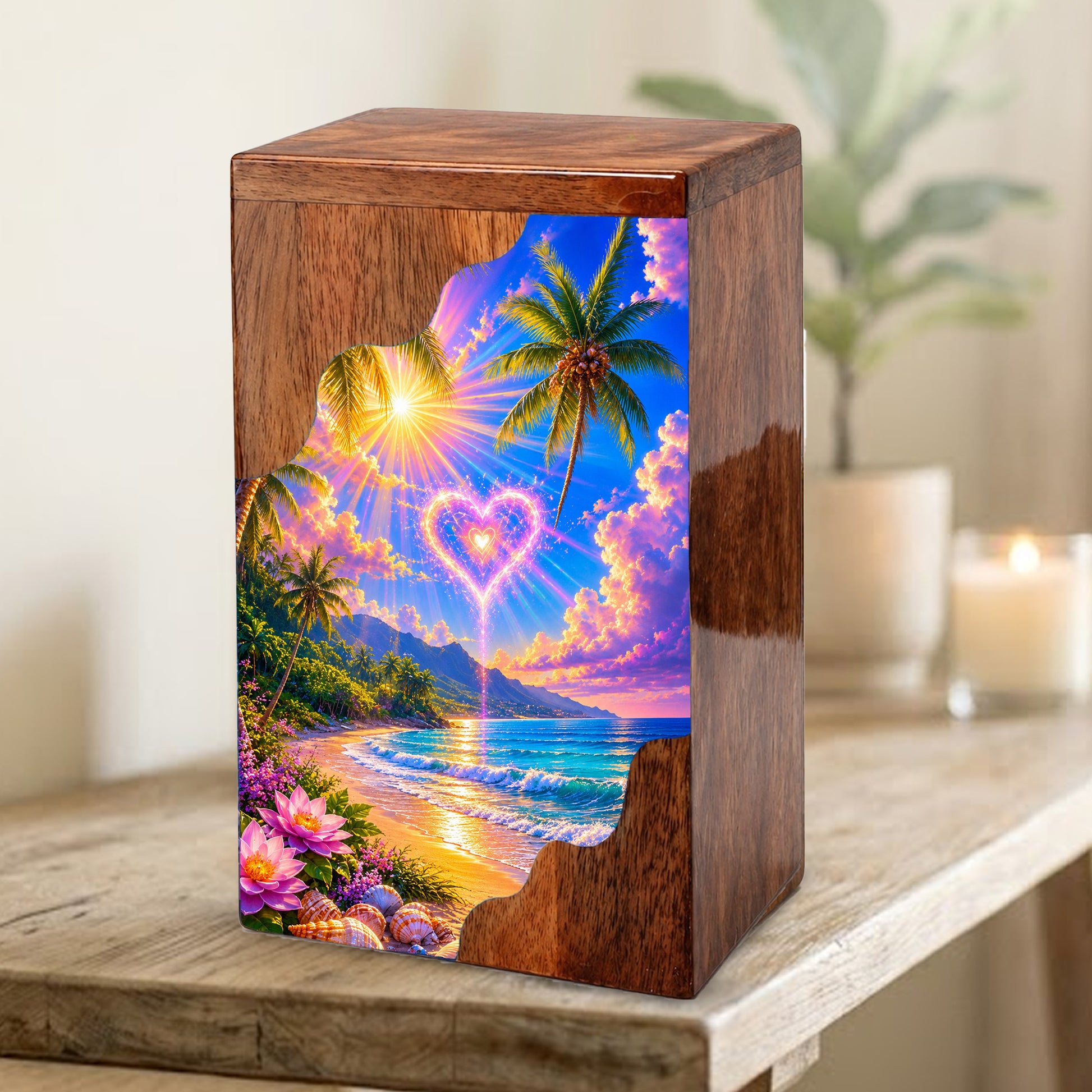 Tropical Beach Wooden Cremation Urn – Heart Sky Memorial Urn with Ocean Sunset Design