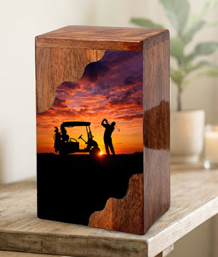 Personalized Golf Wooden Cremation Urn – Sunset Golf Memorial Urn | Custom Wooden Urn for Dad