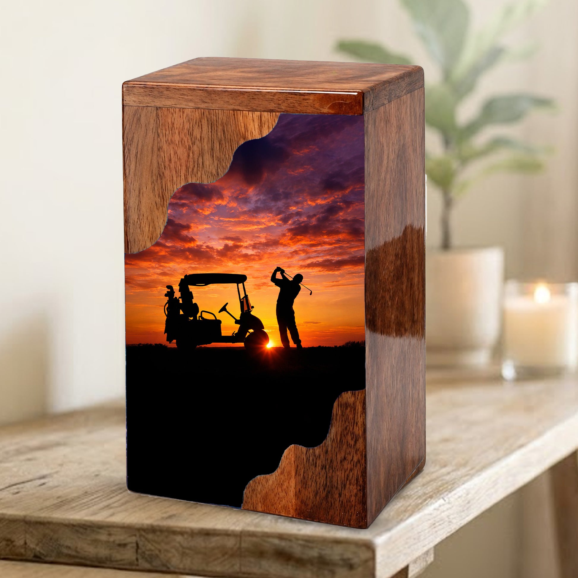 Personalized Golf Wooden Cremation Urn – Sunset Golf Memorial Urn | Custom Wooden Urn for Dad