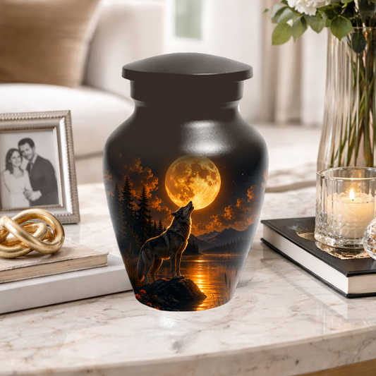 Wolf Cremation Urn for Dad - Mountain Lake Memorial Large Keepsake Urns