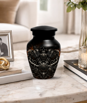 Skull Biker Urn for Ashes -  Personalized Motorcycle Memorial for Dad