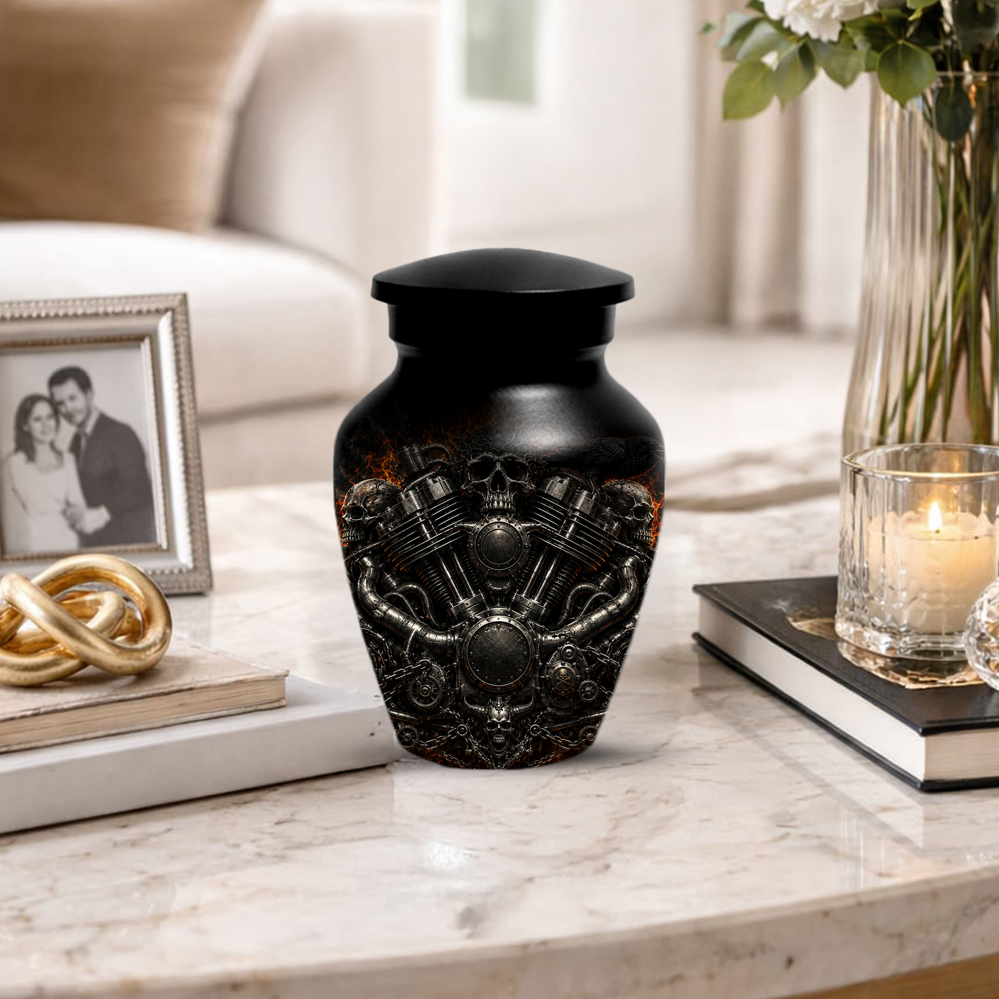 Skull Biker Urn for Ashes -  Personalized Motorcycle Memorial for Dad
