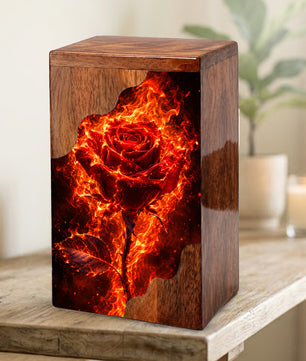 Fiery Rose Wooden Cremation Urn – Personalized Memorial Urn for Human Ashes