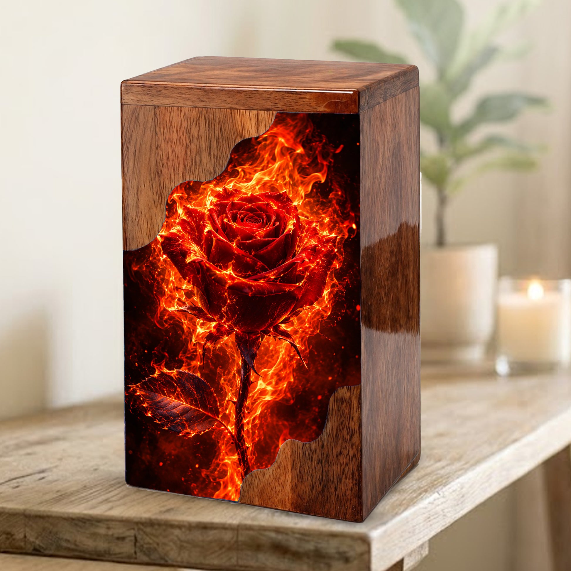 Fiery Rose Wooden Cremation Urn – Personalized Memorial Urn for Human Ashes