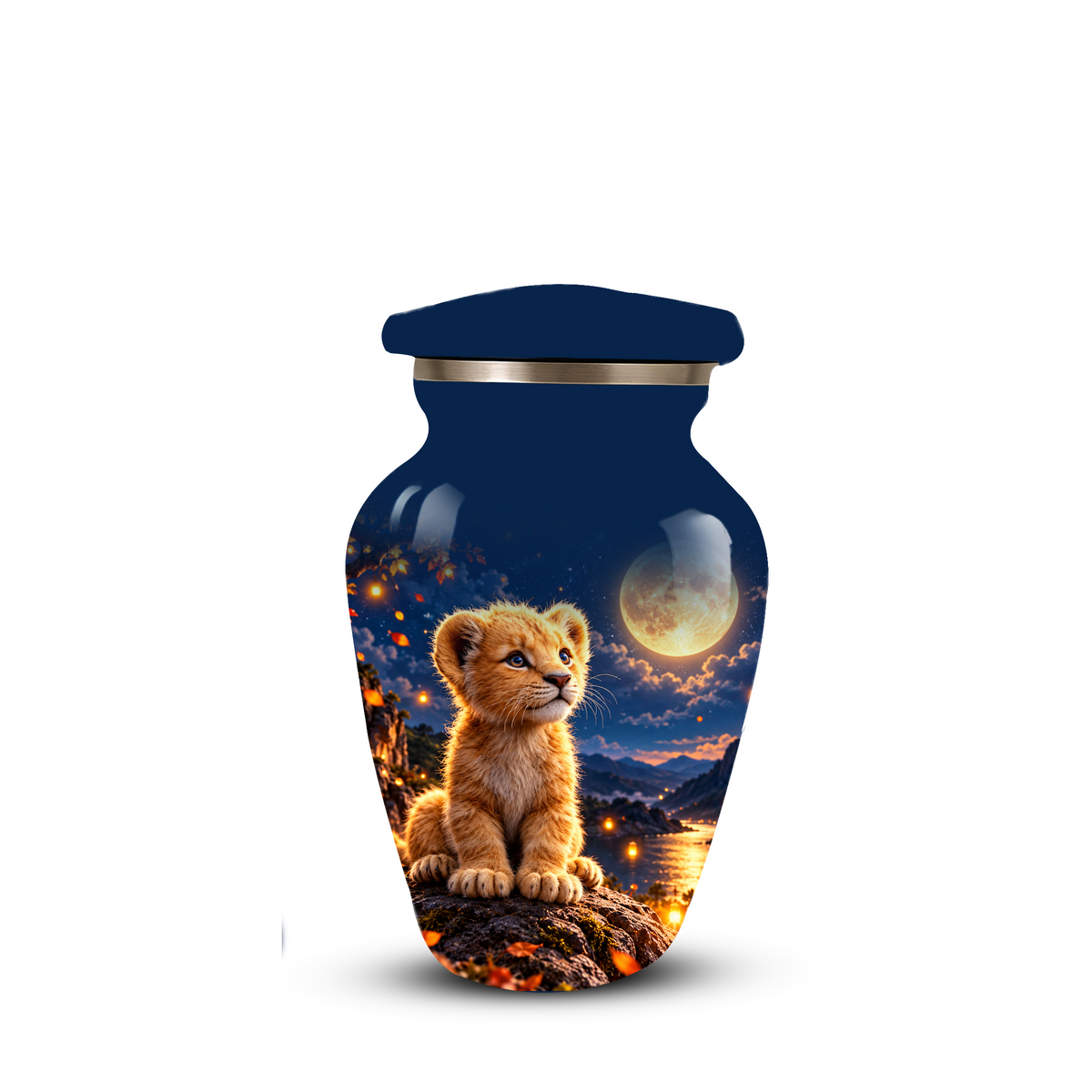 Personalized Adult Cremation Urn for Ashes, Baby Lion Under Golden Moon Memorial Urn