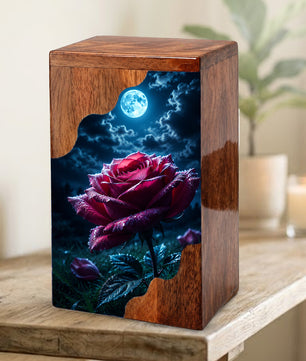 Moonlit Rose Wooden Cremation Urn – Rose Memorial Urn for Human Ashes