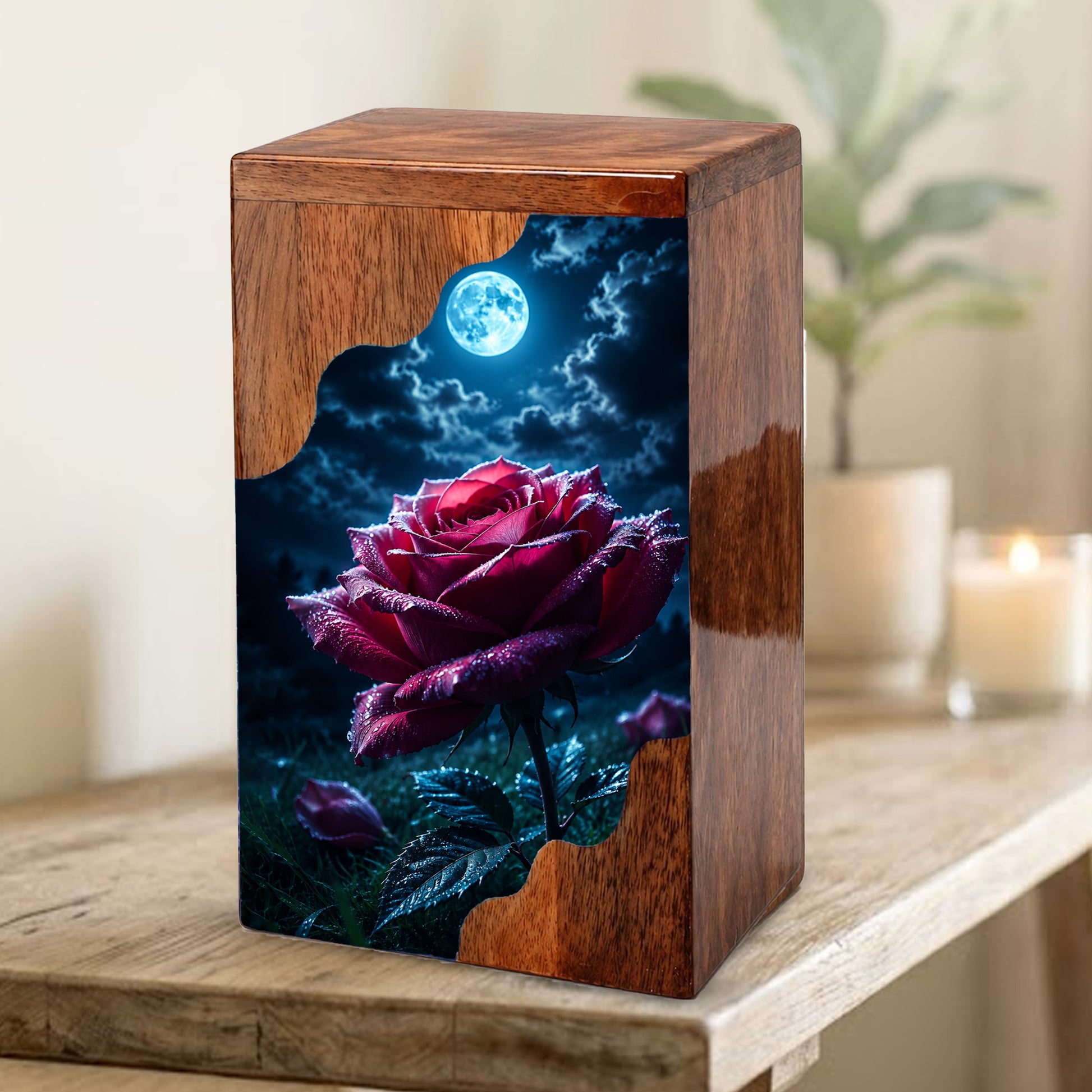 Moonlit Rose Wooden Cremation Urn – Rose Memorial Urn for Human Ashes