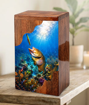 Fishing Wooden Cremation Urn – Fishing in Heaven Memorial Urn for Human Ashes