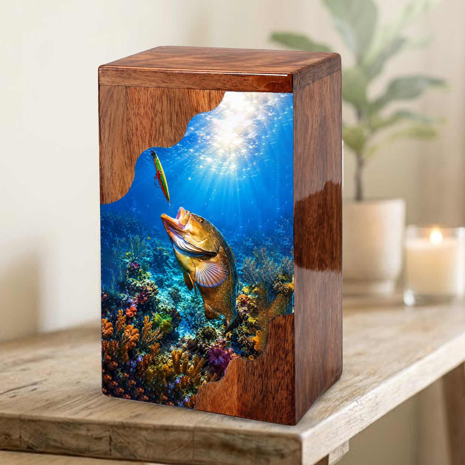 Fishing Wooden Cremation Urn – Fishing in Heaven Memorial Urn for Human Ashes