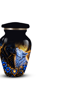 Personalized Wolf Cremation Urn for Ashes, Black and White Wolf Memorial Urn, Blue Floral Adult Urn, Custom Adult Urn