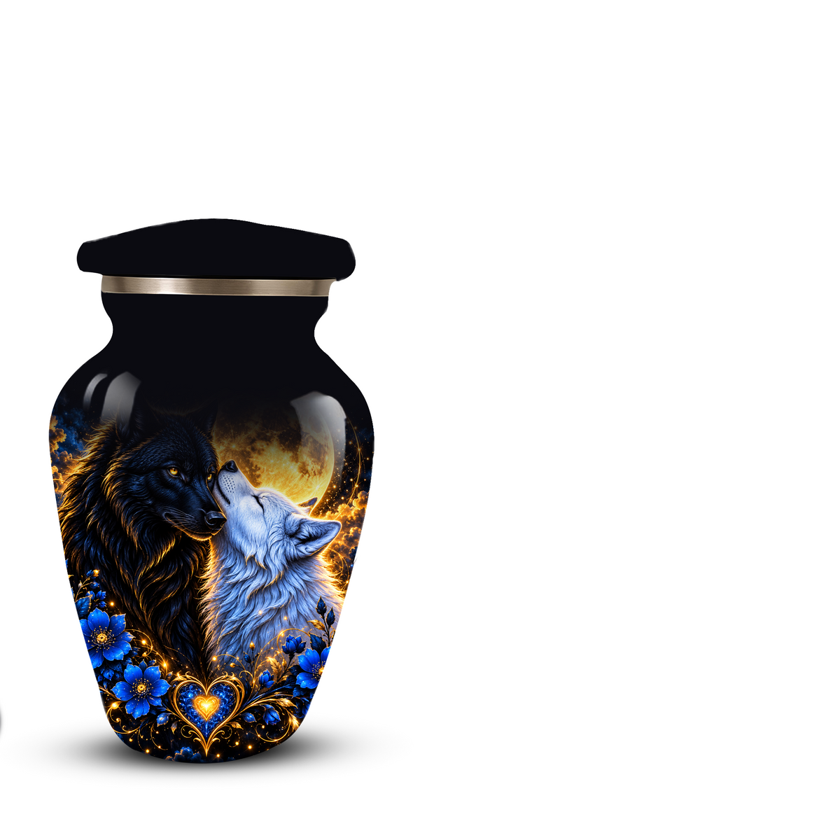 Personalized Wolf Cremation Urn for Ashes, Black and White Wolf Memorial Urn, Blue Floral Adult Urn, Custom Adult Urn