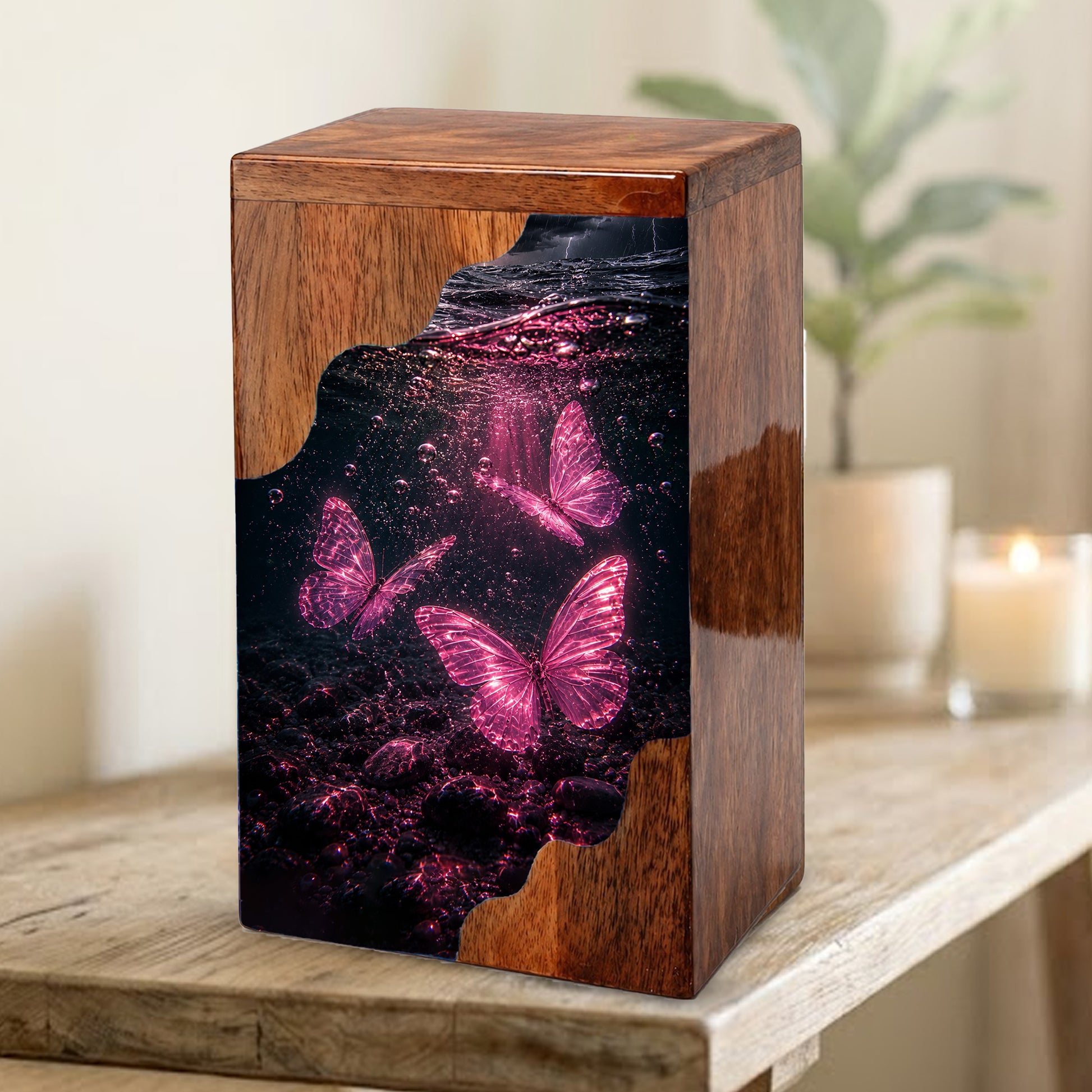Butterfly Wooden Cremation Urn – Pink Butterfly Memorial Urn for Human Ashes