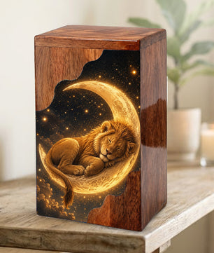 Lion Wooden Cremation Urn – Celestial Moon Memorial Urn for Human Ashes