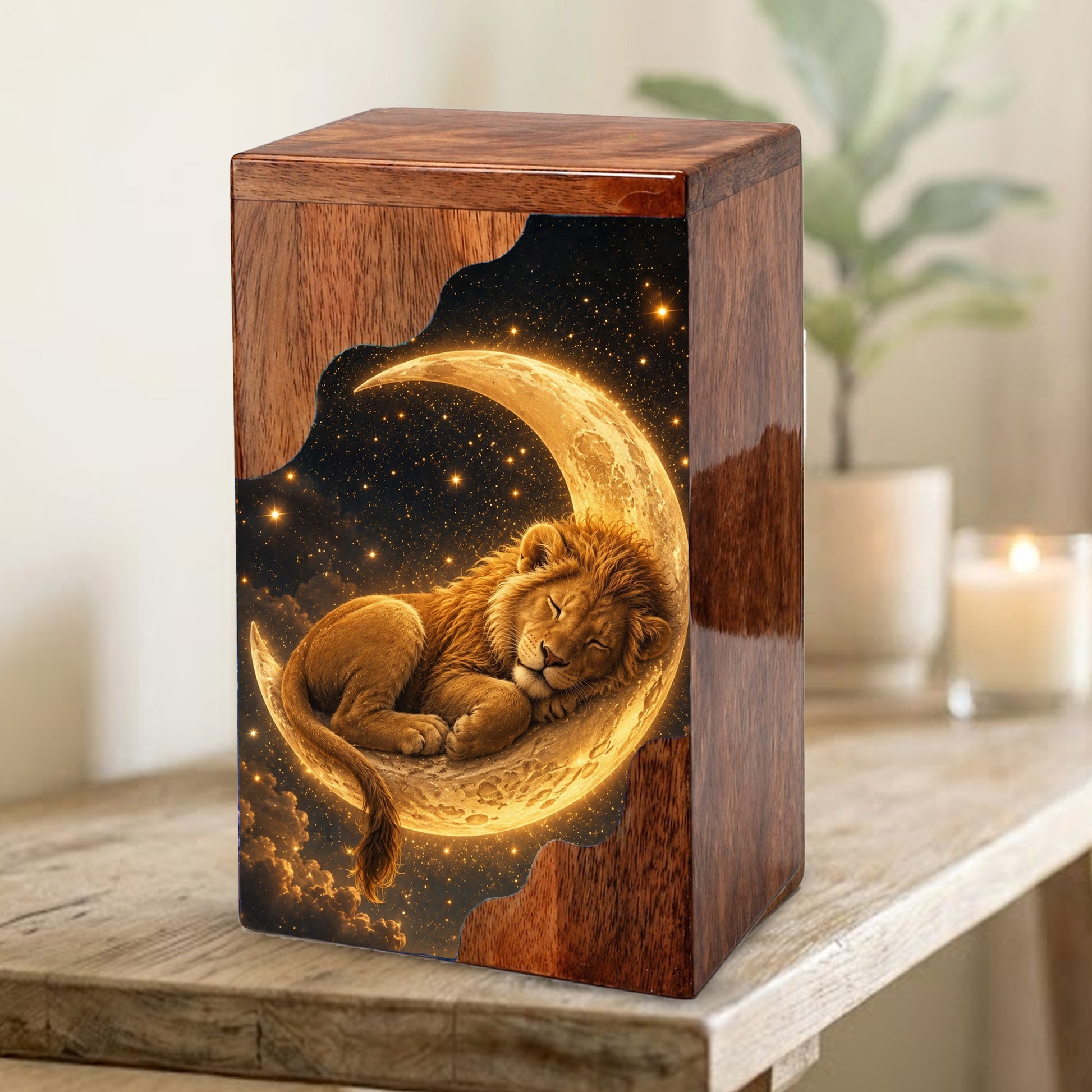 Lion Wooden Cremation Urn – Celestial Moon Memorial Urn for Human Ashes