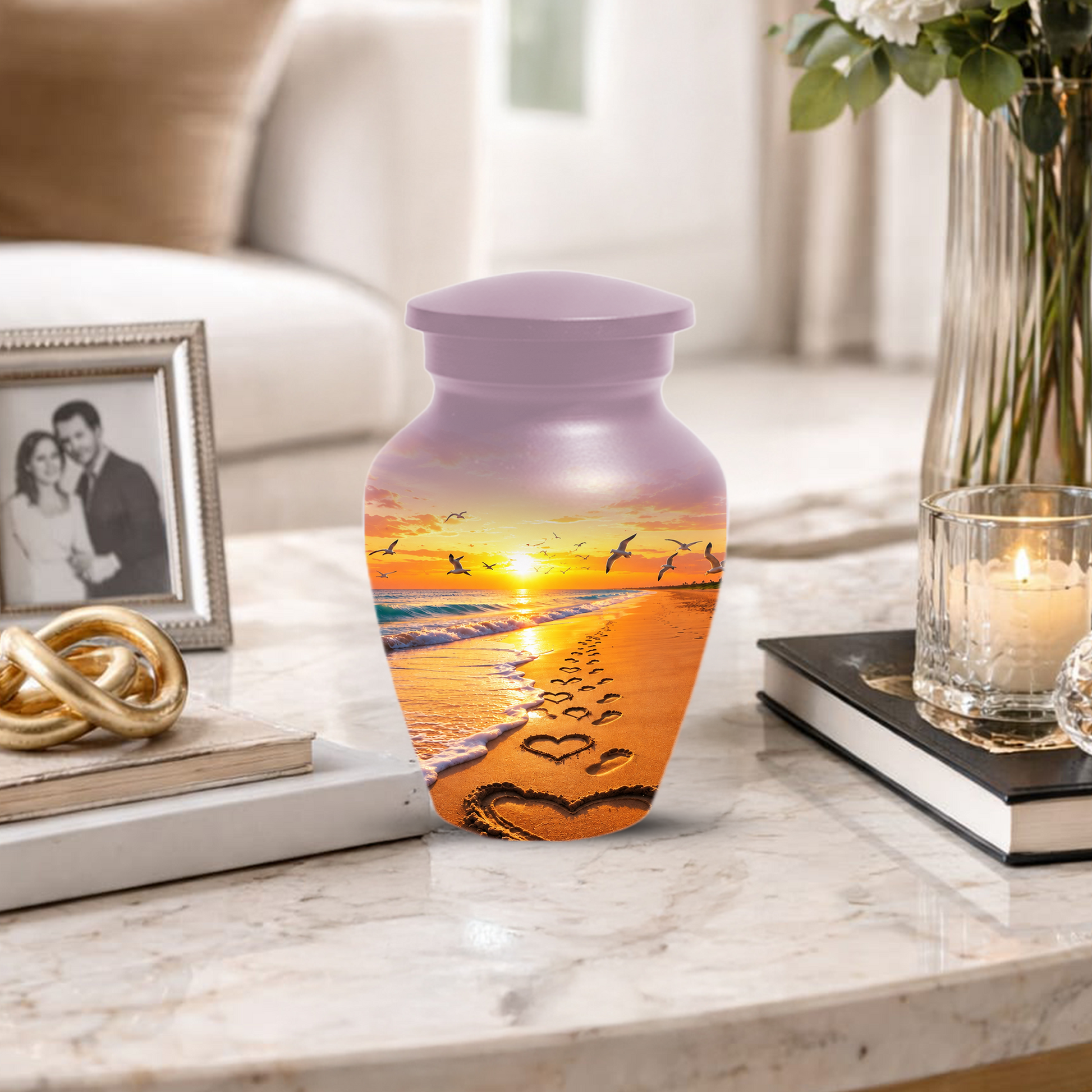 Beach Scene Urn For Ashes - Customizable Ocean Themed Heart Cremation Urns For Adults