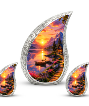 Sunset Lake Cremation Urn for Adult Ashes, Mountain Landscape Memorial Urn